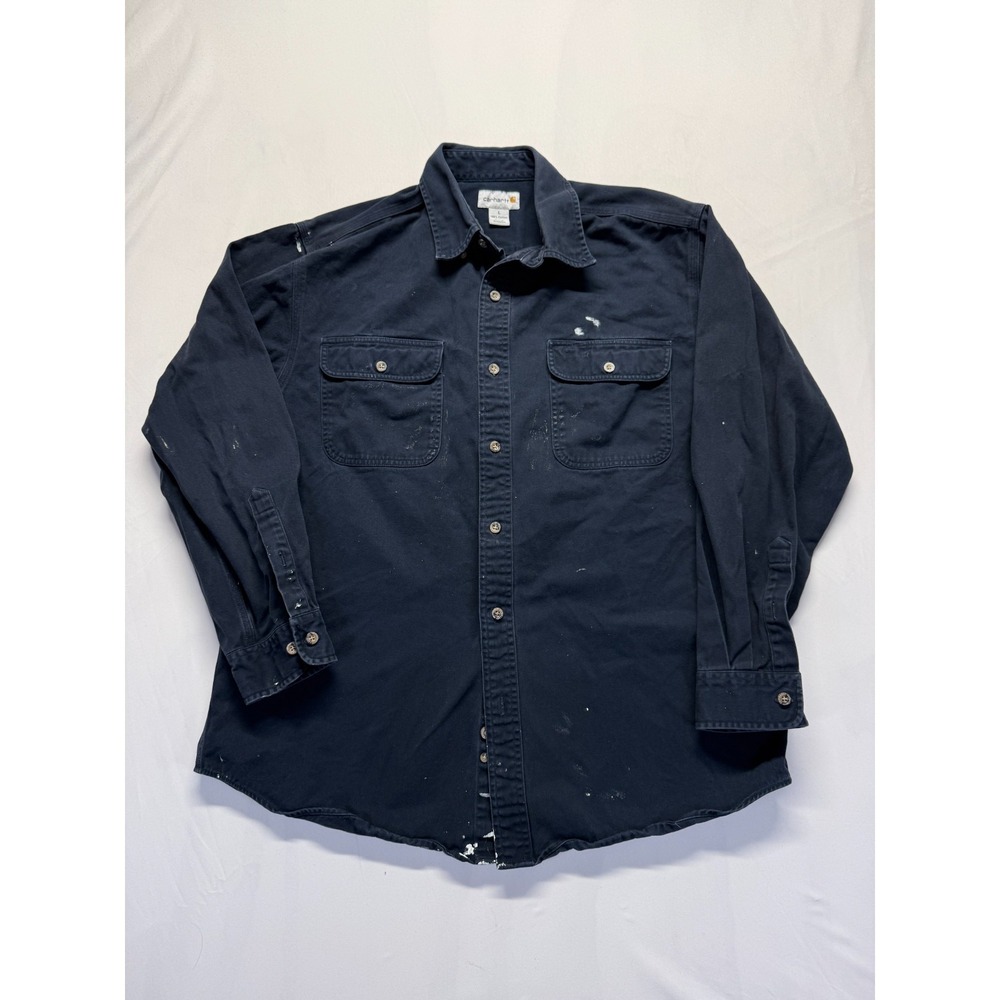Carhartt Shirt Mens Large Navy Blue Cotton Pleated Button Down Rugged Workwear